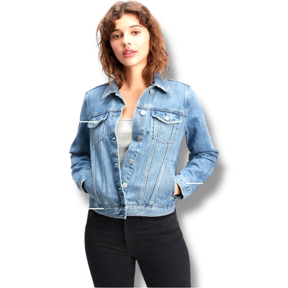 GAP Blue Light Wash Denim Slim Fit Button Front Closure Jacket With Four Pockets - Picture 2 of 16